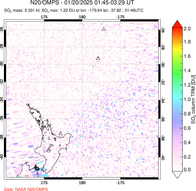 A sulfur dioxide image over New Zealand on Jan 20, 2025.