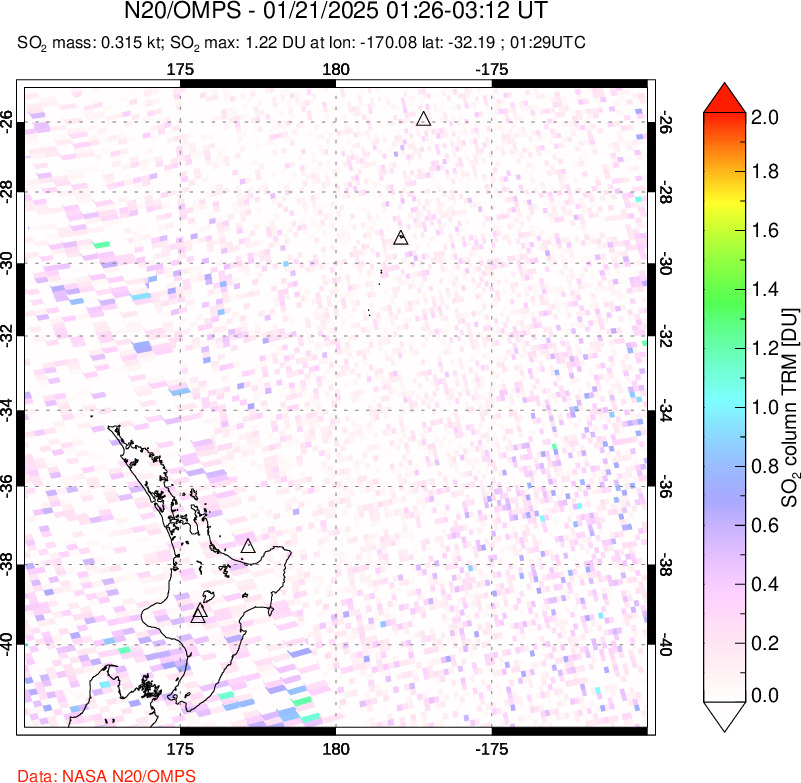 A sulfur dioxide image over New Zealand on Jan 21, 2025.