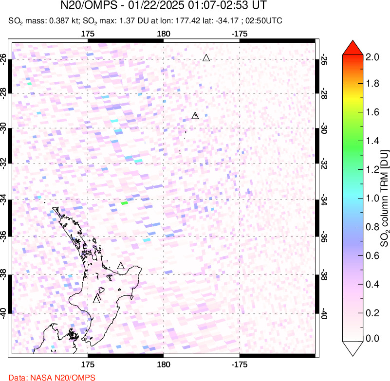 A sulfur dioxide image over New Zealand on Jan 22, 2025.