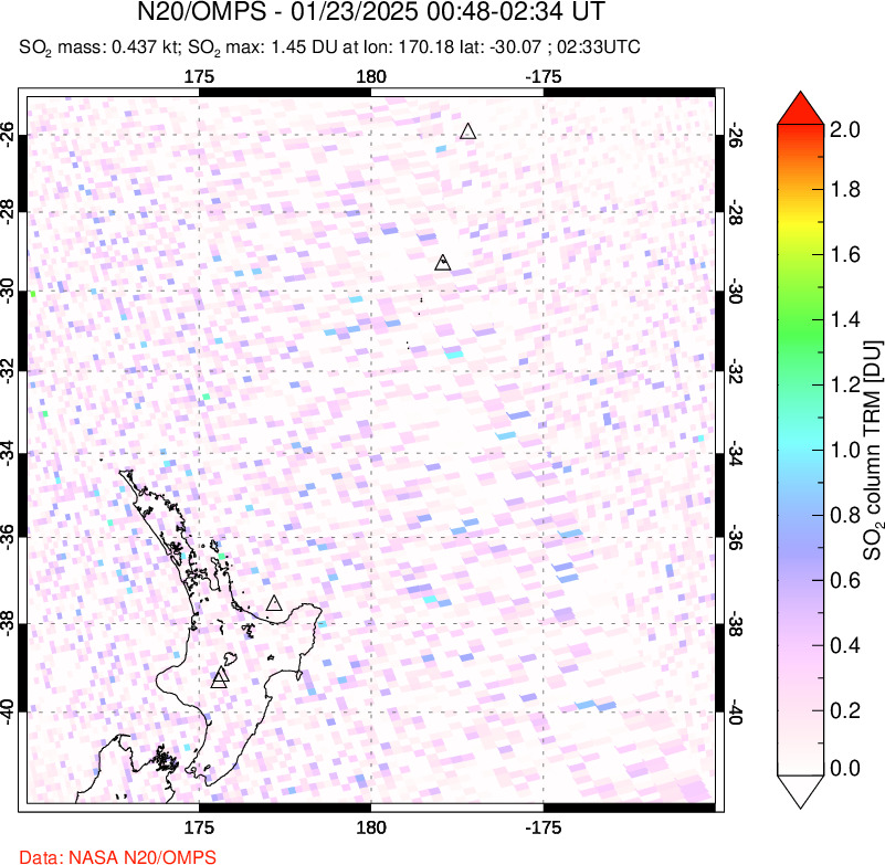 A sulfur dioxide image over New Zealand on Jan 23, 2025.