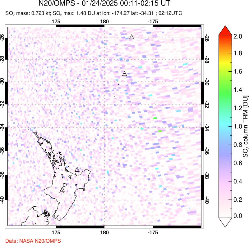 A sulfur dioxide image over New Zealand on Jan 24, 2025.