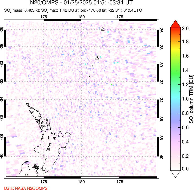 A sulfur dioxide image over New Zealand on Jan 25, 2025.