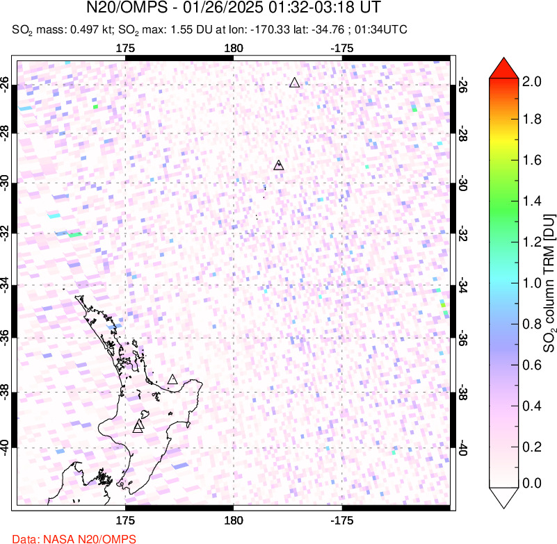 A sulfur dioxide image over New Zealand on Jan 26, 2025.