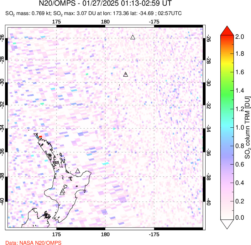 A sulfur dioxide image over New Zealand on Jan 27, 2025.