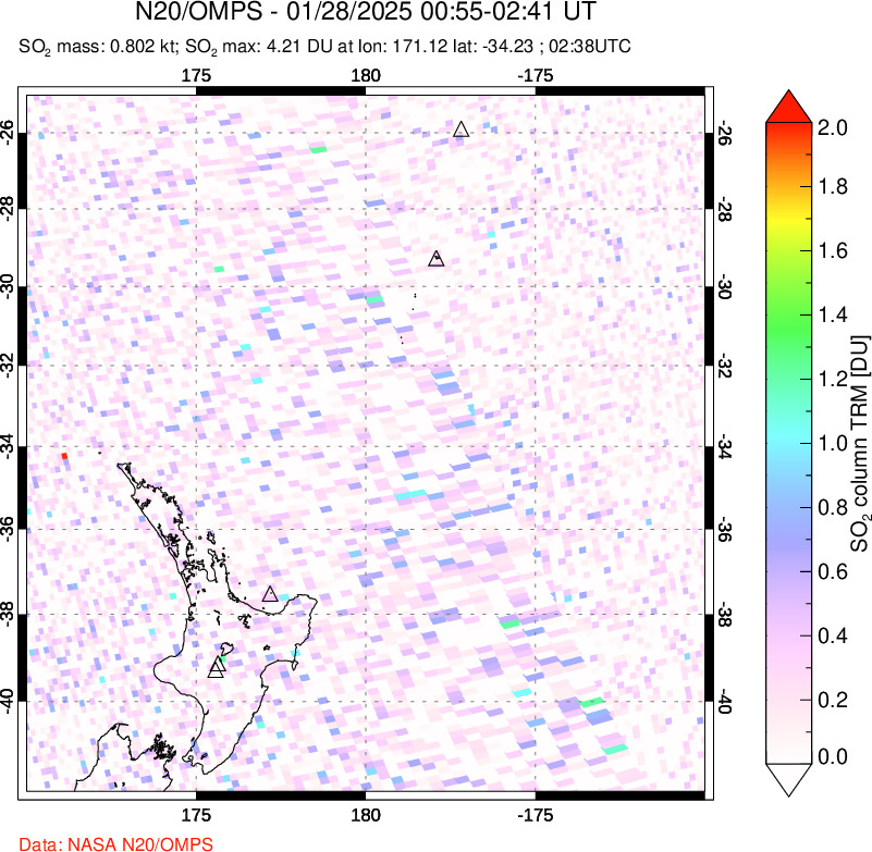 A sulfur dioxide image over New Zealand on Jan 28, 2025.