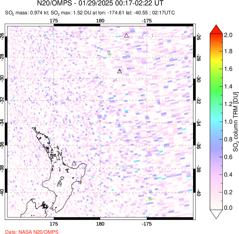 A sulfur dioxide image over New Zealand on Jan 29, 2025.