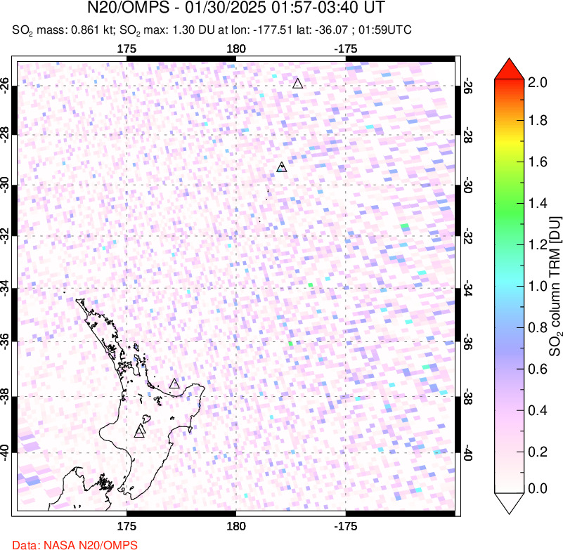 A sulfur dioxide image over New Zealand on Jan 30, 2025.