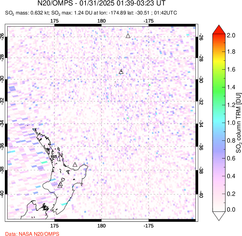 A sulfur dioxide image over New Zealand on Jan 31, 2025.