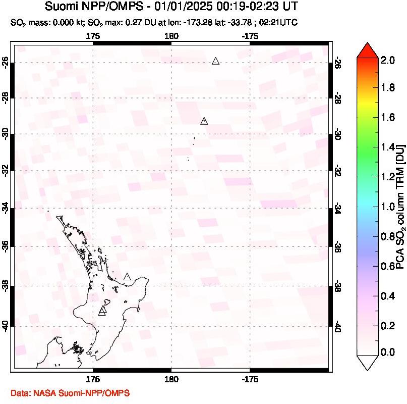 A sulfur dioxide image over New Zealand on Jan 01, 2025.