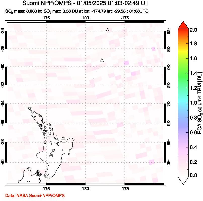 A sulfur dioxide image over New Zealand on Jan 05, 2025.