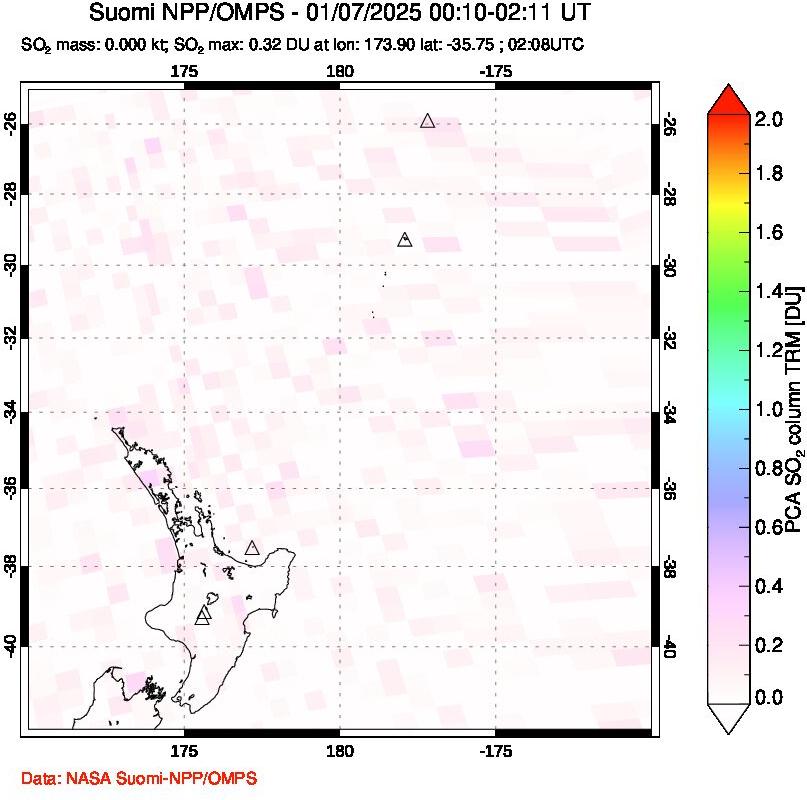 A sulfur dioxide image over New Zealand on Jan 07, 2025.