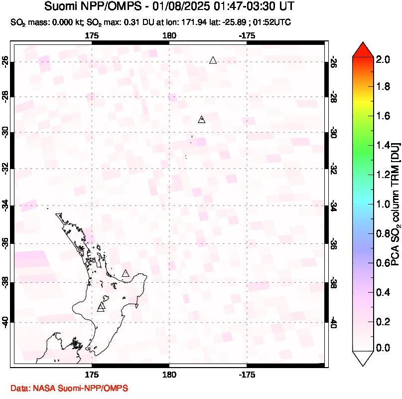 A sulfur dioxide image over New Zealand on Jan 08, 2025.