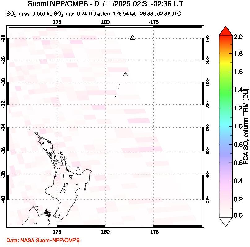 A sulfur dioxide image over New Zealand on Jan 11, 2025.