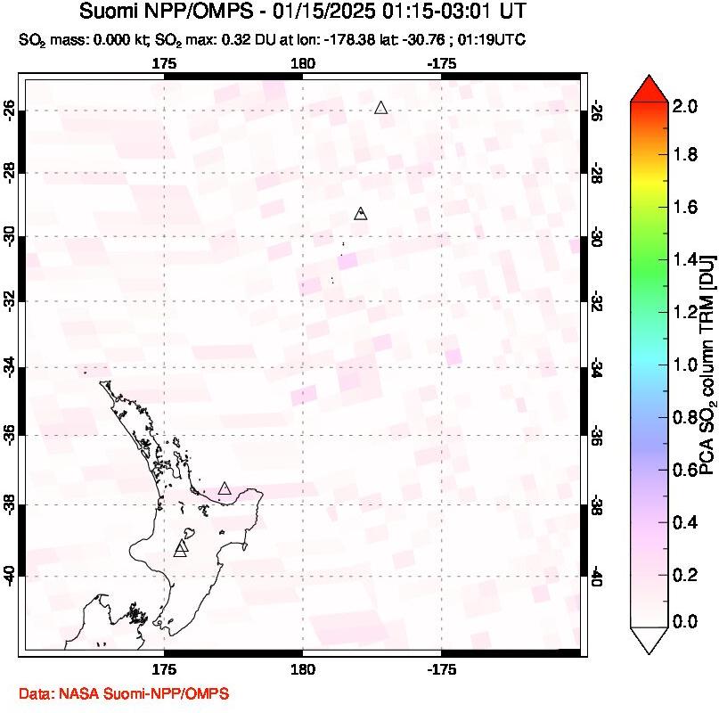 A sulfur dioxide image over New Zealand on Jan 15, 2025.