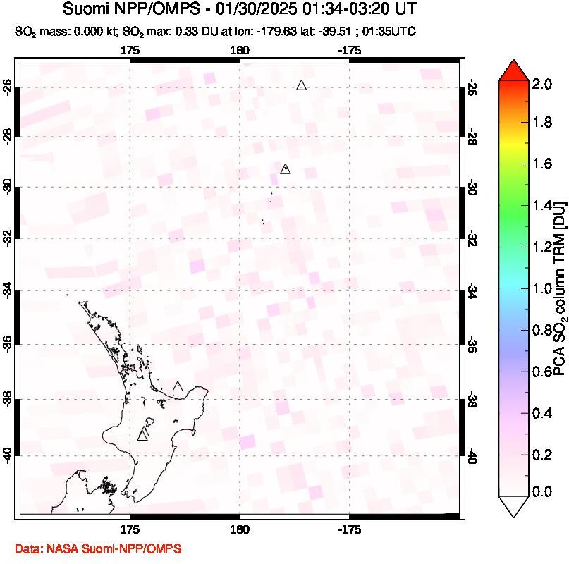 A sulfur dioxide image over New Zealand on Jan 30, 2025.