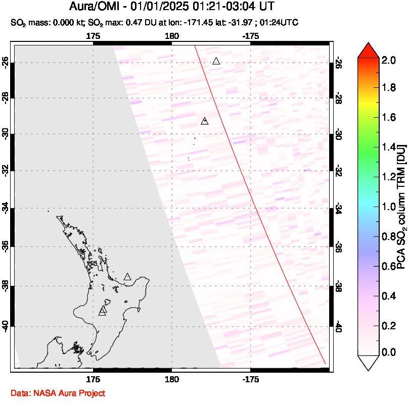 A sulfur dioxide image over New Zealand on Jan 01, 2025.