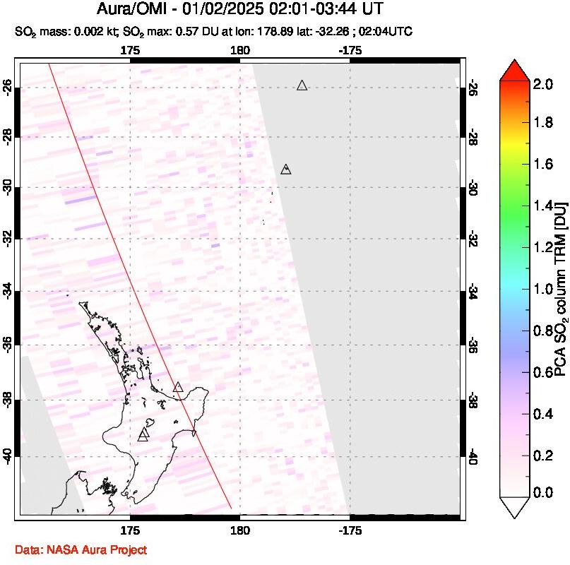 A sulfur dioxide image over New Zealand on Jan 02, 2025.