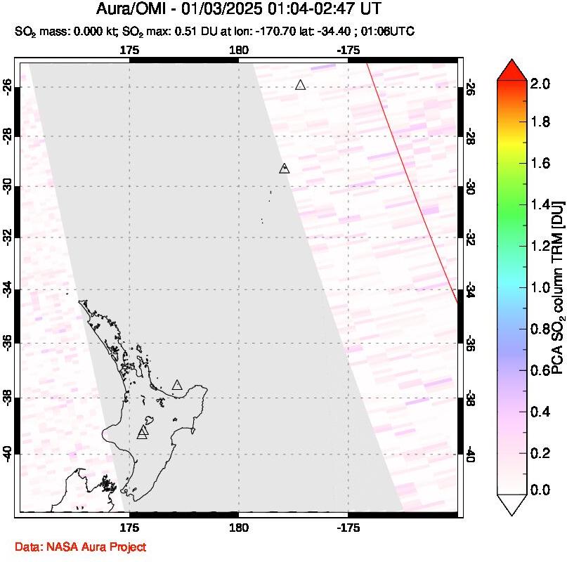 A sulfur dioxide image over New Zealand on Jan 03, 2025.