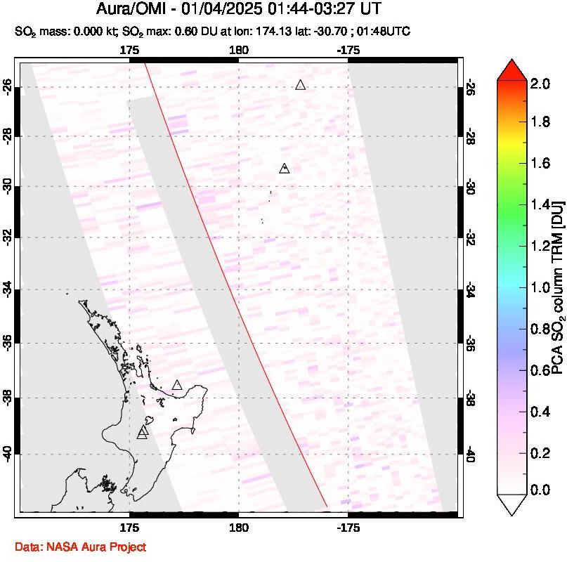 A sulfur dioxide image over New Zealand on Jan 04, 2025.