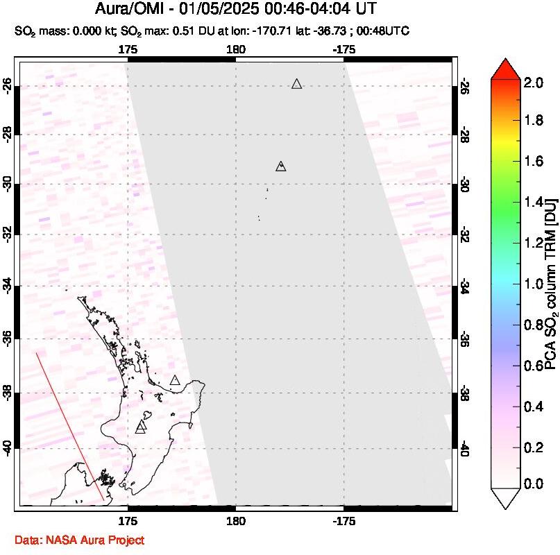 A sulfur dioxide image over New Zealand on Jan 05, 2025.