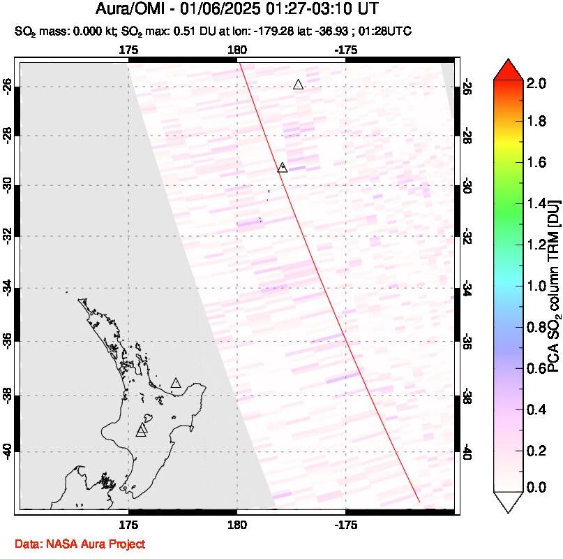 A sulfur dioxide image over New Zealand on Jan 06, 2025.