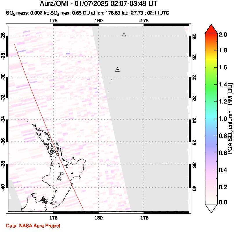 A sulfur dioxide image over New Zealand on Jan 07, 2025.