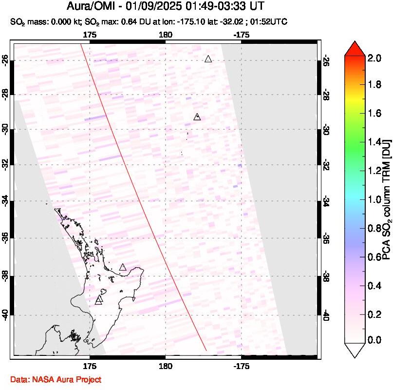 A sulfur dioxide image over New Zealand on Jan 09, 2025.