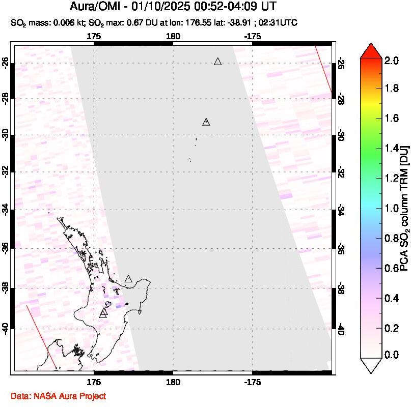 A sulfur dioxide image over New Zealand on Jan 10, 2025.