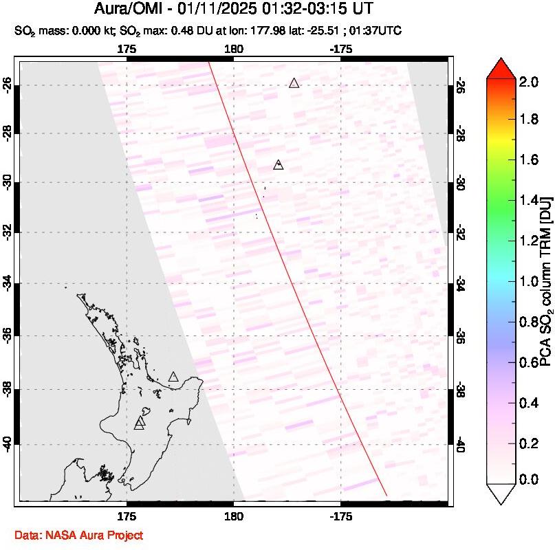 A sulfur dioxide image over New Zealand on Jan 11, 2025.