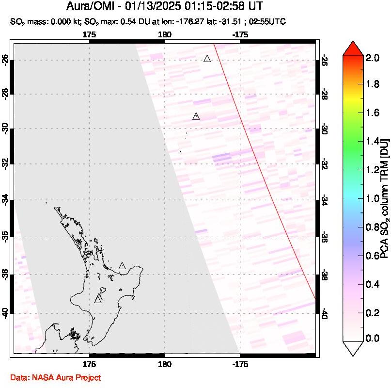 A sulfur dioxide image over New Zealand on Jan 13, 2025.