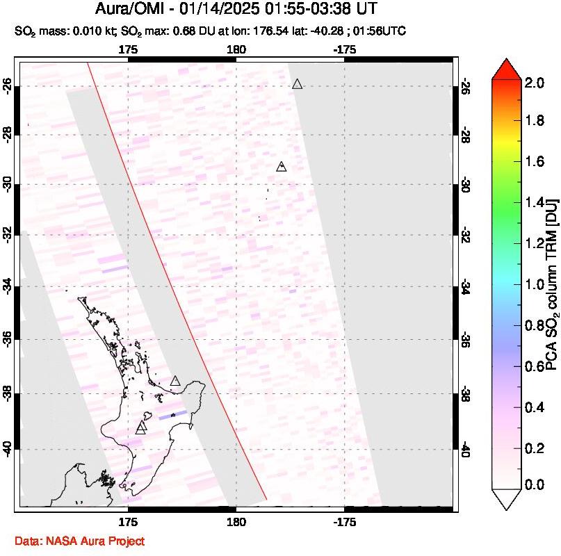 A sulfur dioxide image over New Zealand on Jan 14, 2025.