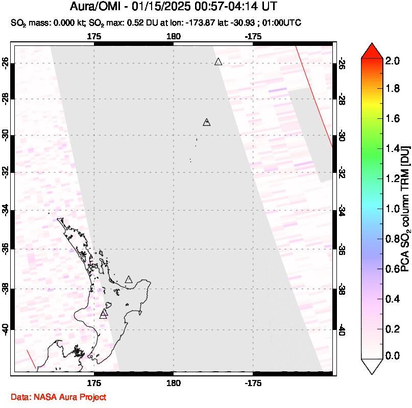 A sulfur dioxide image over New Zealand on Jan 15, 2025.