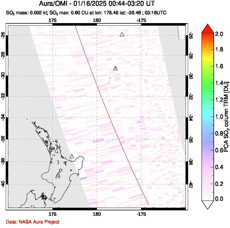 A sulfur dioxide image over New Zealand on Jan 16, 2025.