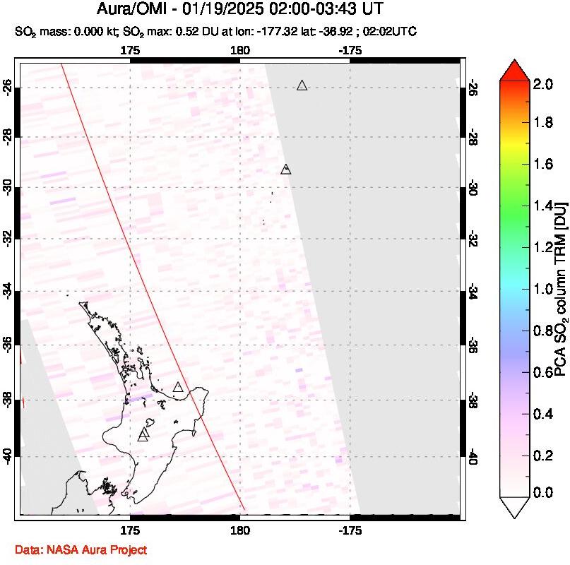 A sulfur dioxide image over New Zealand on Jan 19, 2025.