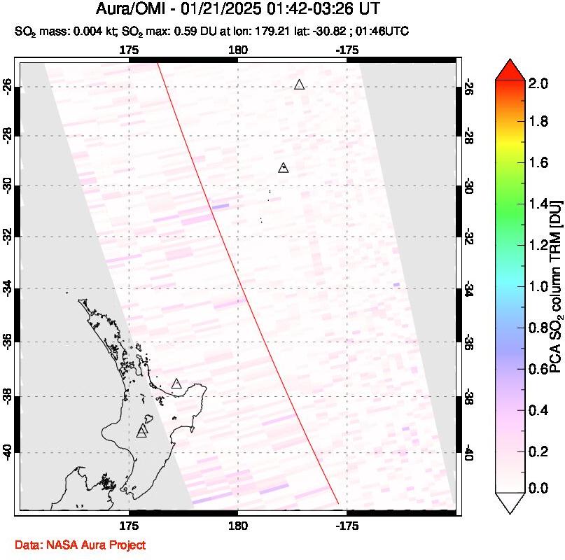 A sulfur dioxide image over New Zealand on Jan 21, 2025.