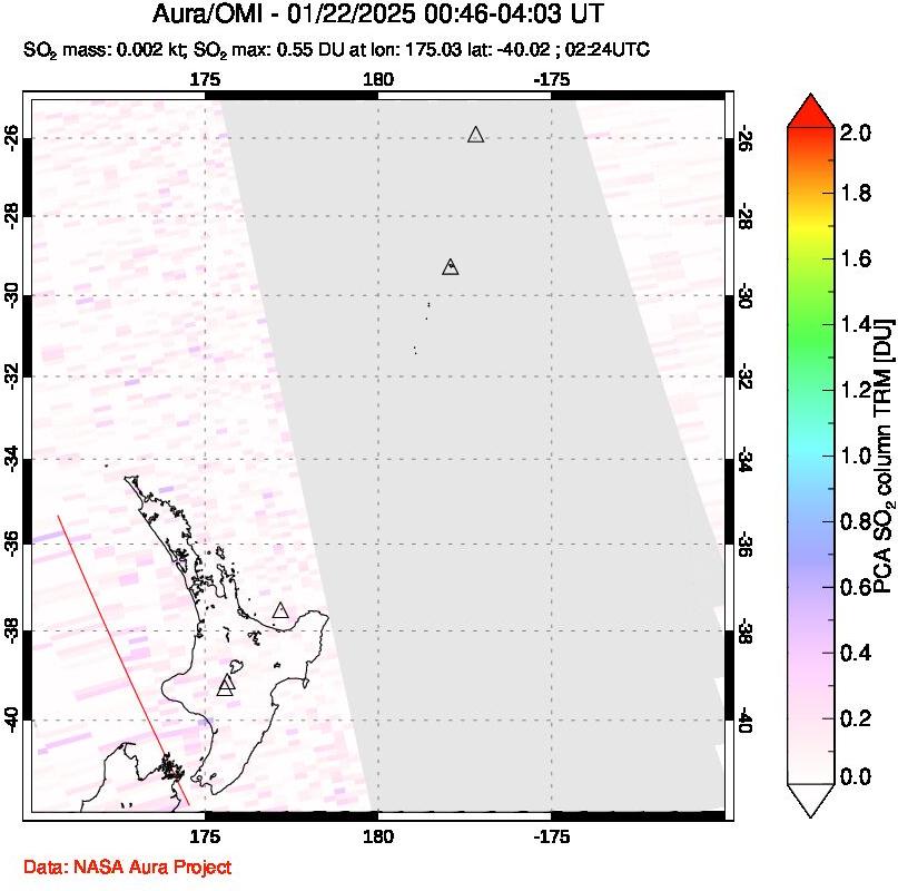 A sulfur dioxide image over New Zealand on Jan 22, 2025.