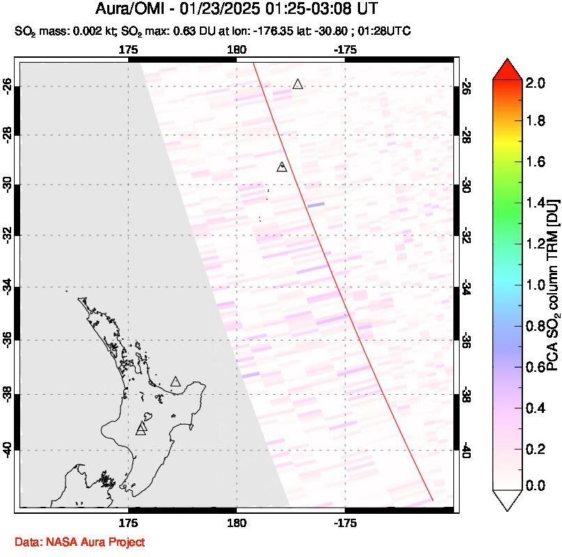 A sulfur dioxide image over New Zealand on Jan 23, 2025.