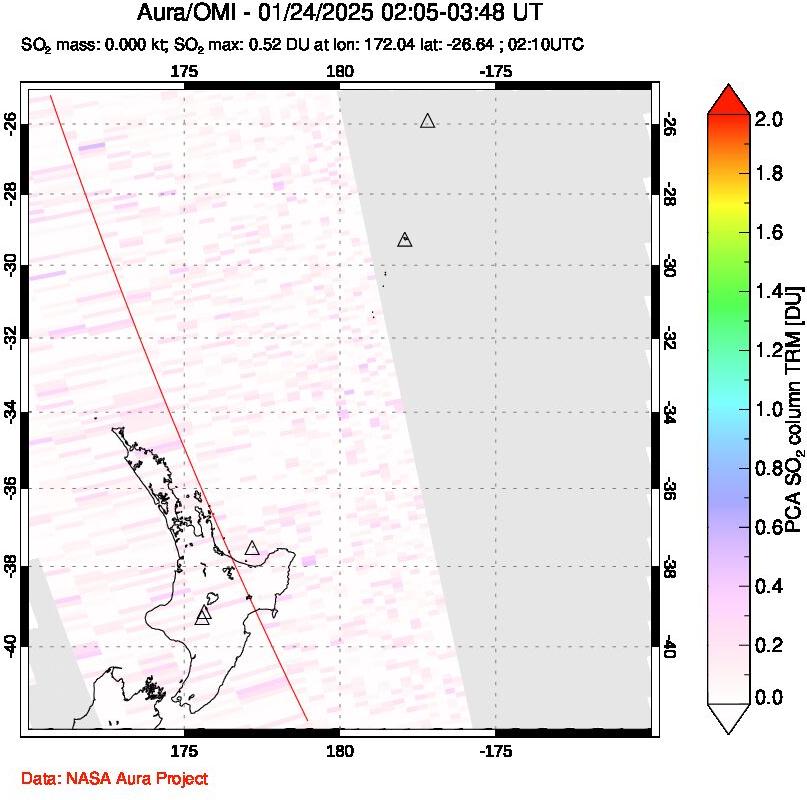 A sulfur dioxide image over New Zealand on Jan 24, 2025.