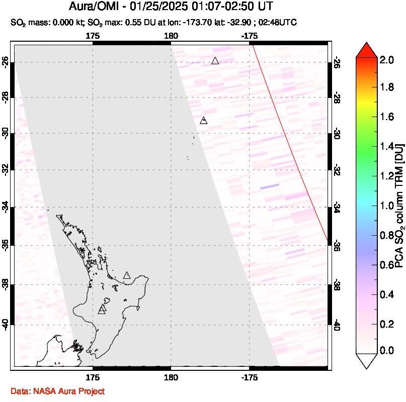 A sulfur dioxide image over New Zealand on Jan 25, 2025.