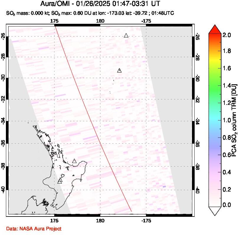 A sulfur dioxide image over New Zealand on Jan 26, 2025.