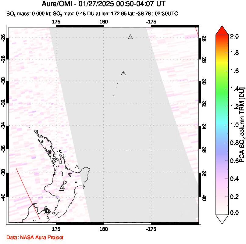 A sulfur dioxide image over New Zealand on Jan 27, 2025.