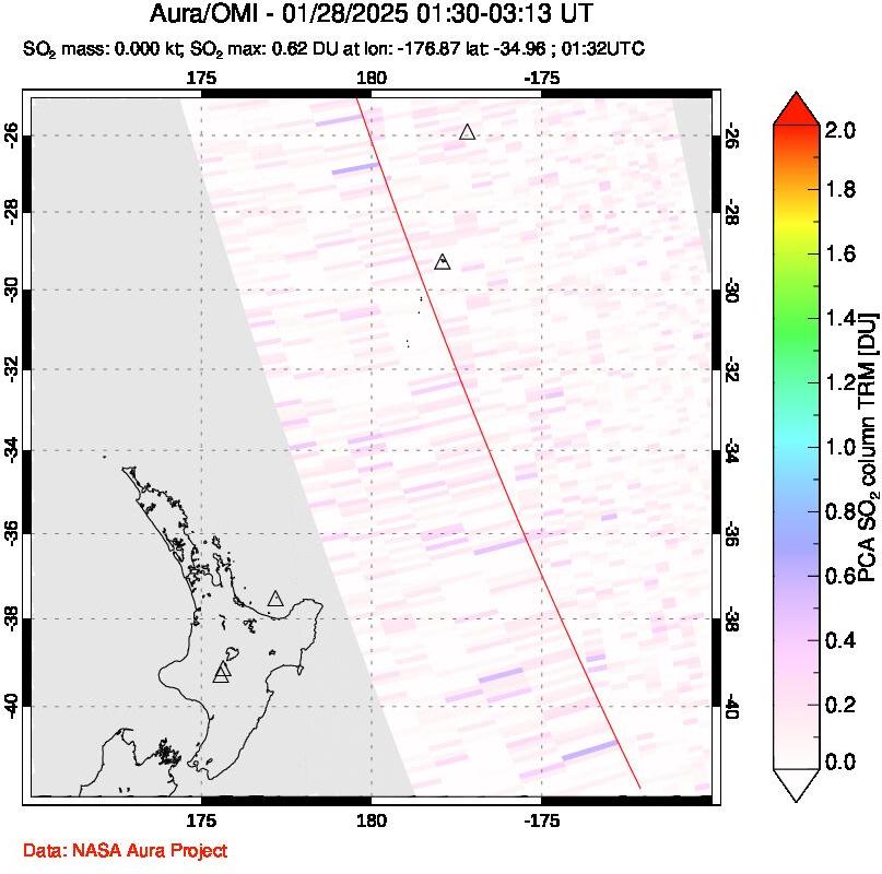 A sulfur dioxide image over New Zealand on Jan 28, 2025.