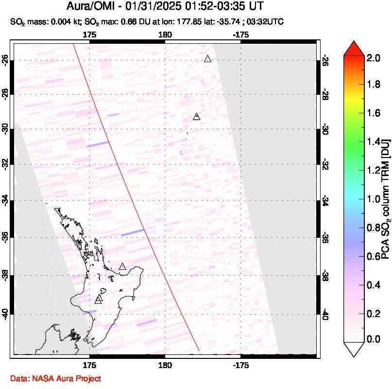 A sulfur dioxide image over New Zealand on Jan 31, 2025.