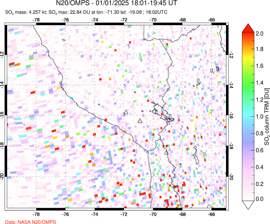 A sulfur dioxide image over Peru on Jan 01, 2025.