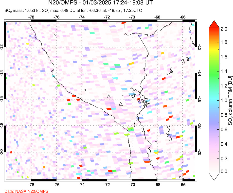 A sulfur dioxide image over Peru on Jan 03, 2025.