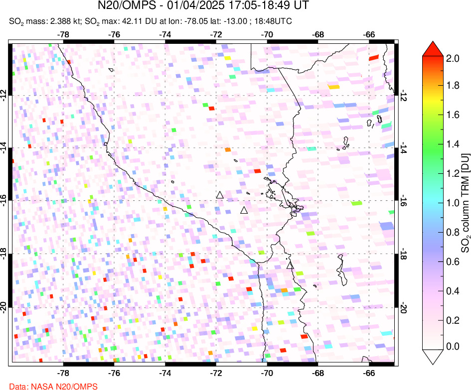 A sulfur dioxide image over Peru on Jan 04, 2025.