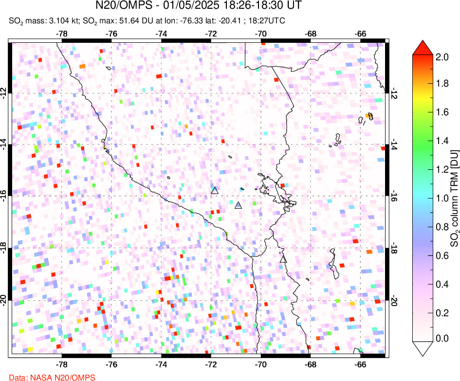 A sulfur dioxide image over Peru on Jan 05, 2025.