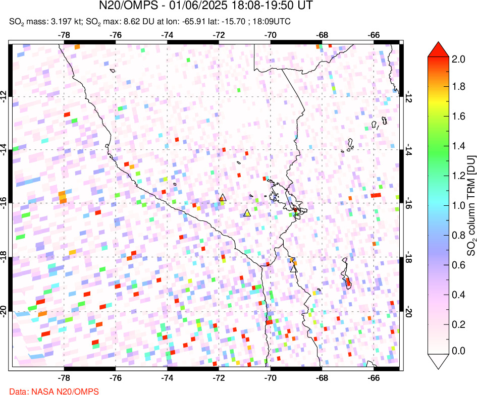 A sulfur dioxide image over Peru on Jan 06, 2025.