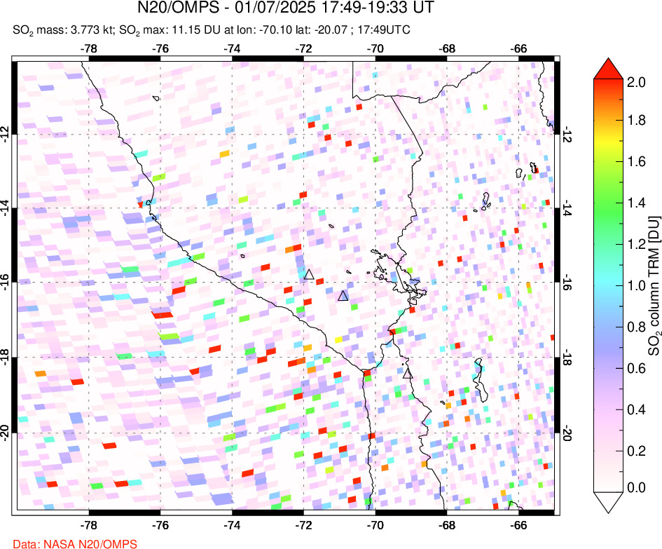 A sulfur dioxide image over Peru on Jan 07, 2025.