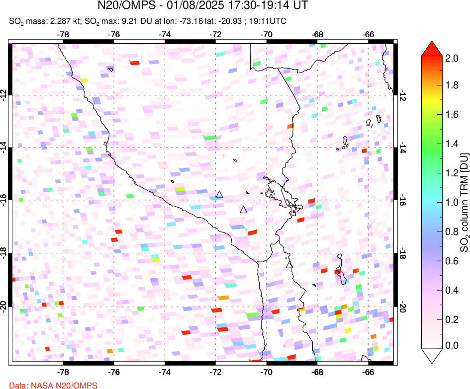 A sulfur dioxide image over Peru on Jan 08, 2025.